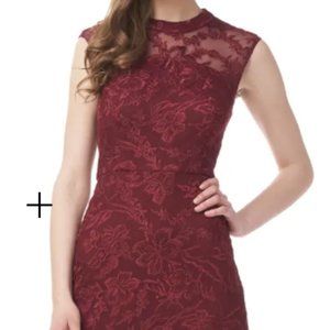 Joy Mock Neck Embroidered Mesh Cocktail Dress - size 14 - garnet